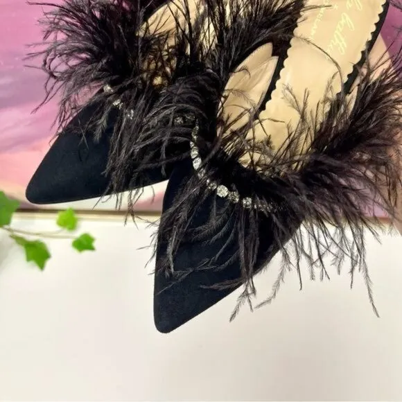 Antonio Melani x Nicola Bathie Liz Ostrich Feathers Rhinestone Suede Dress Mules
