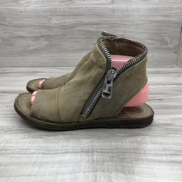 A.S. 98 Sandals Womens EU 38 Ritchie Tan Leather Zip Up Flat Open Toe Shoes