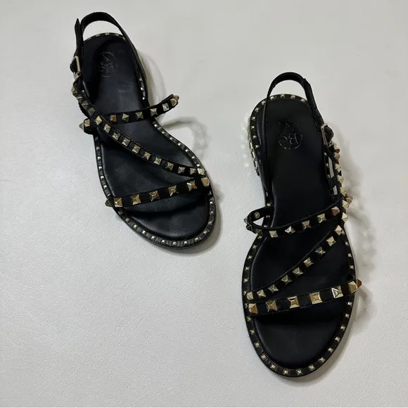 Ash Peace Pyramid Stud Leather Strappy Sandals in Black Size 37