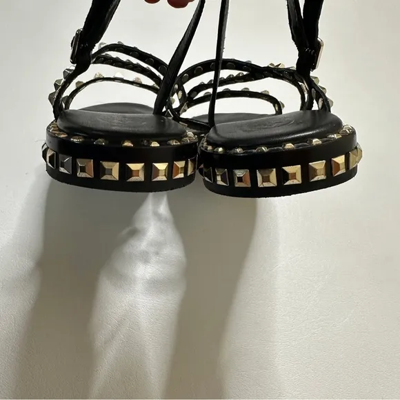 Ash Peace Pyramid Stud Leather Strappy Sandals in Black Size 37