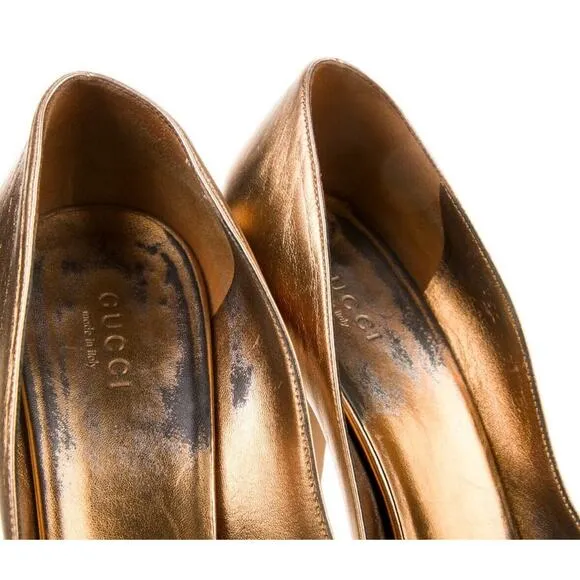 Authentic GUCCI Gold Leather Platform Peep Toe Block Heel Sz 7