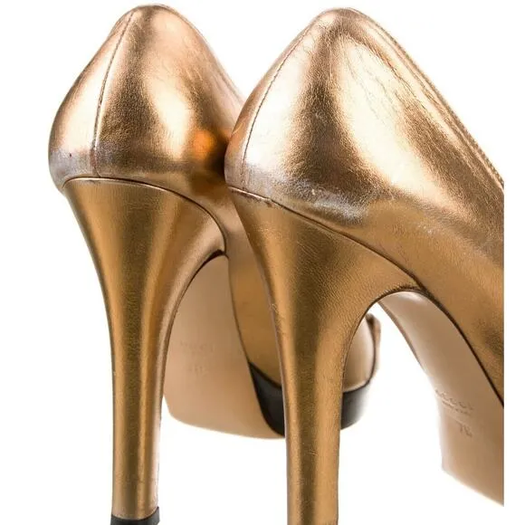 Authentic GUCCI Gold Leather Platform Peep Toe Block Heel Sz 7