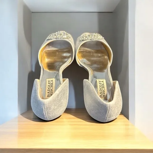 Badgley Mischka Heels Women's 8 Silver Glitter Crystal d'Orsay Wedding Shoes