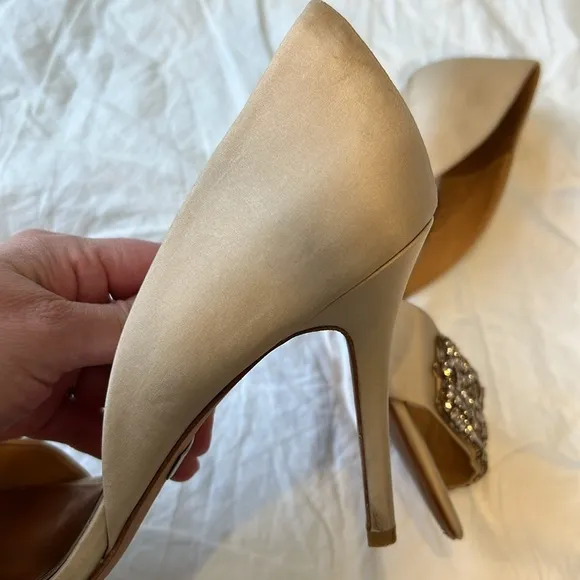 Badgley Mischka Rhinestone Silk Peeptoe Shoes Heels Open Toe Wedding Blush 8.5