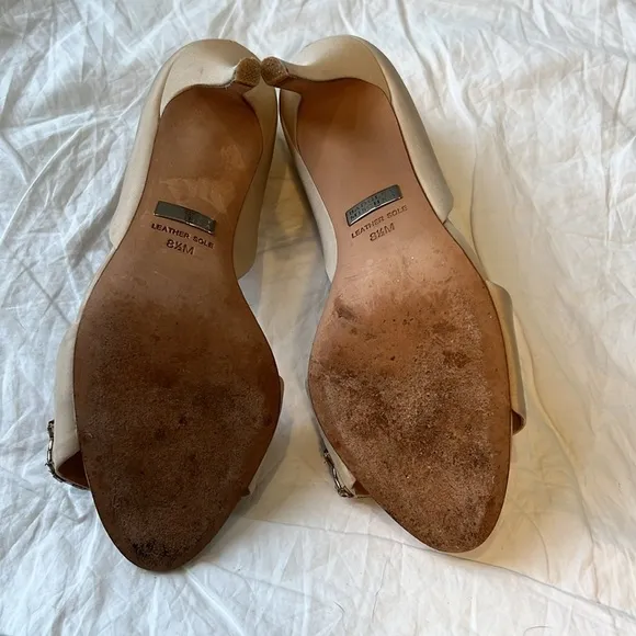 Badgley Mischka Rhinestone Silk Peeptoe Shoes Heels Open Toe Wedding Blush 8.5