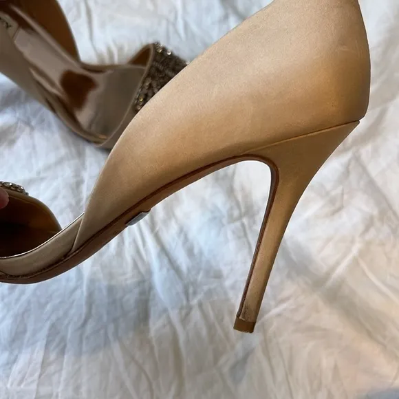 Badgley Mischka Rhinestone Silk Peeptoe Shoes Heels Open Toe Wedding Blush 8.5