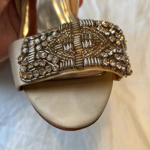 Badgley Mischka Rhinestone Silk Peeptoe Shoes Heels Open Toe Wedding Blush 8.5