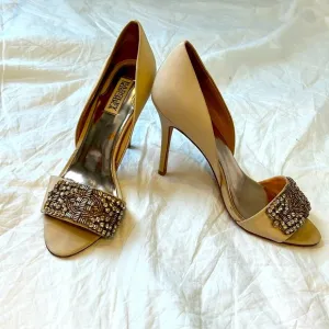 Badgley Mischka Rhinestone Silk Peeptoe Shoes Heels Open Toe Wedding Blush 8.5