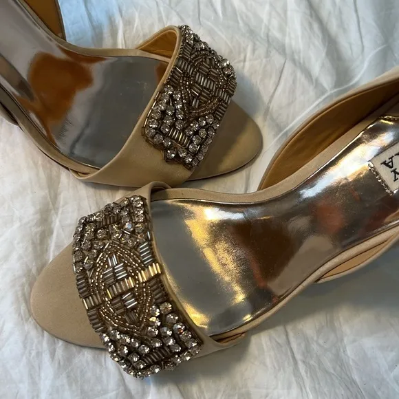 Badgley Mischka Rhinestone Silk Peeptoe Shoes Heels Open Toe Wedding Blush 8.5