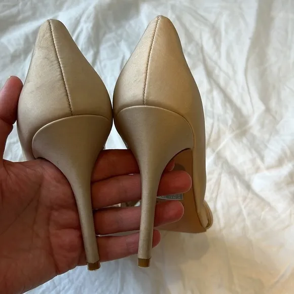 Badgley Mischka Rhinestone Silk Peeptoe Shoes Heels Open Toe Wedding Blush 8.5