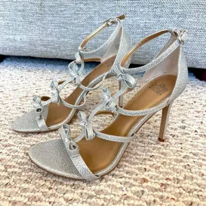 BADGLEY MISCHKA Strappy Stiletto Sandals Silver Metallic Leather Size 8.5