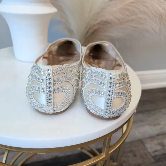 Badgley Mischka White Elegant Flats with Crystal Embellishments