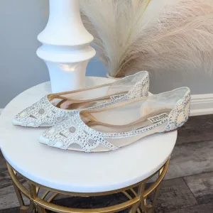 Badgley Mischka White Elegant Flats with Crystal Embellishments