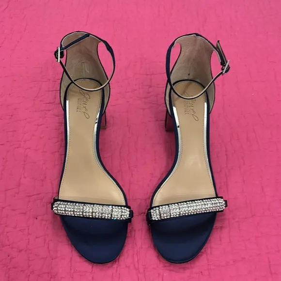 Baffled Mischka Jewel Elegant Navy Blue Heeled Sandals with Rhinestone Detail