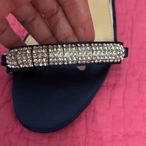 Baffled Mischka Jewel Elegant Navy Blue Heeled Sandals with Rhinestone Detail