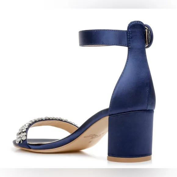 Baffled Mischka Jewel Elegant Navy Blue Heeled Sandals with Rhinestone Detail