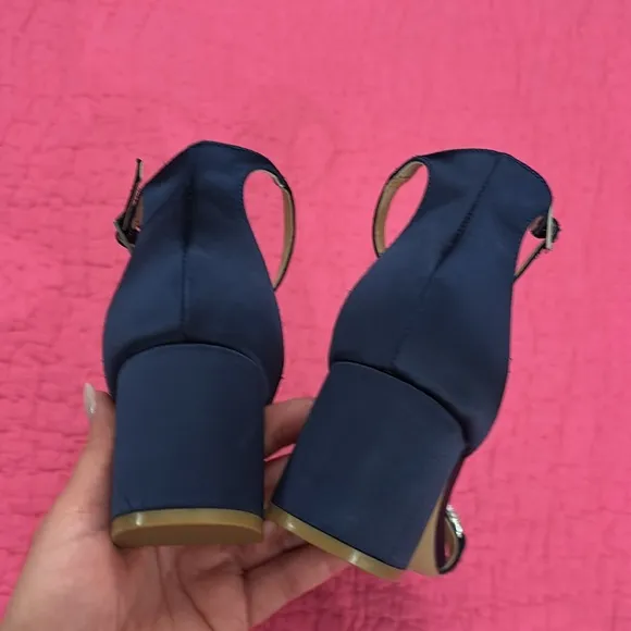 Baffled Mischka Jewel Elegant Navy Blue Heeled Sandals with Rhinestone Detail