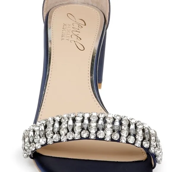 Baffled Mischka Jewel Elegant Navy Blue Heeled Sandals with Rhinestone Detail