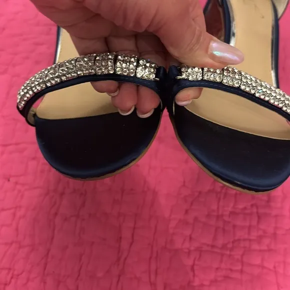 Baffled Mischka Jewel Elegant Navy Blue Heeled Sandals with Rhinestone Detail