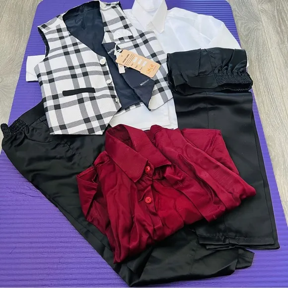 B&amp;W , maroon vest with white shirt, maroon shirt, two Black Pants and Shoes