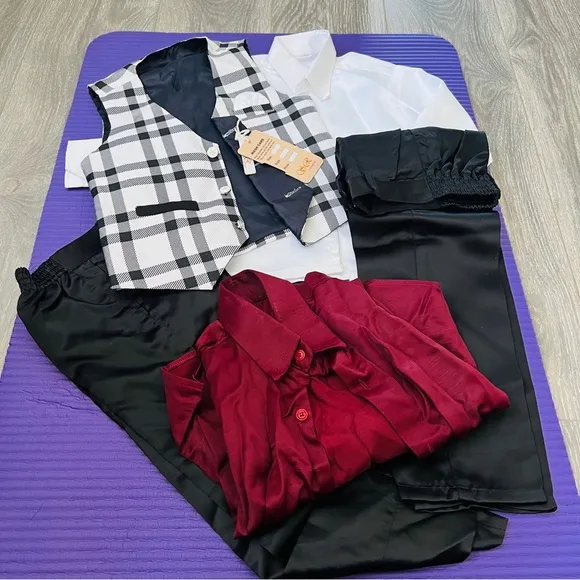 B&amp;W , maroon vest with white shirt, maroon shirt, two Black Pants and Shoes