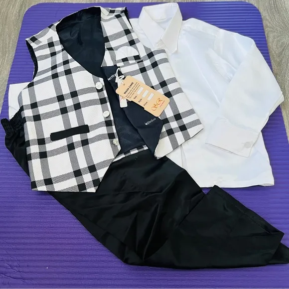 B&amp;W , maroon vest with white shirt, maroon shirt, two Black Pants and Shoes
