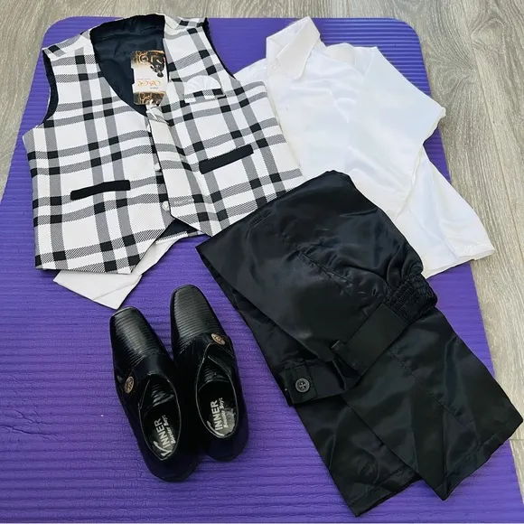 B&amp;W , maroon vest with white shirt, maroon shirt, two Black Pants and Shoes