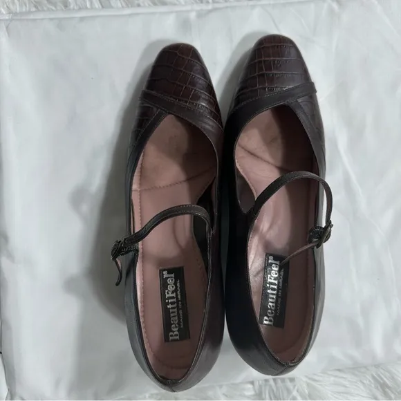 BEAUTIFEEL Mary Jane Pump Shoes Size 39 Brown Leather Low Heel Almond Toe