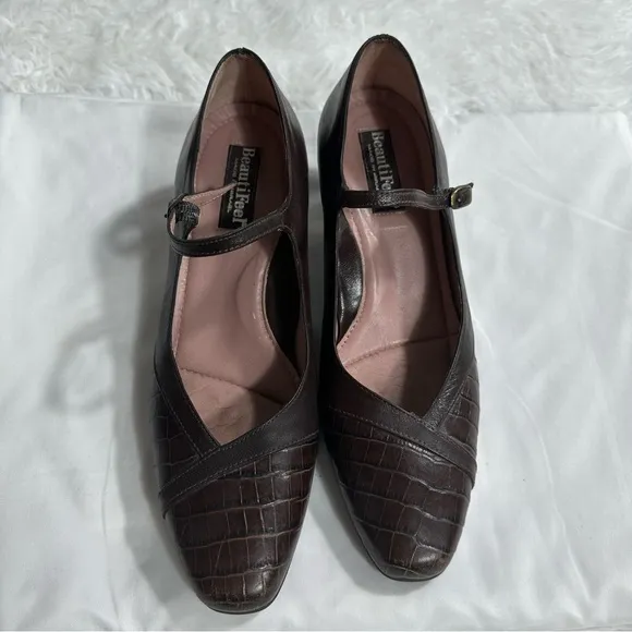 BEAUTIFEEL Mary Jane Pump Shoes Size 39 Brown Leather Low Heel Almond Toe