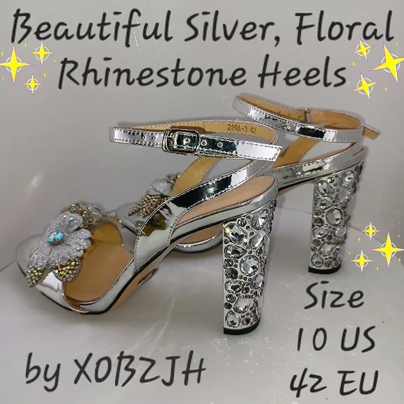 Beautiful Silver Floral Rhinestone Heels Women's size 10 NEW