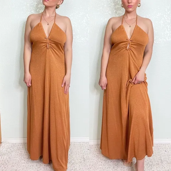 Bec &amp;‎ Bridge Indya Knit Maxi Dress Orange Halter Neck Metallic Size 10