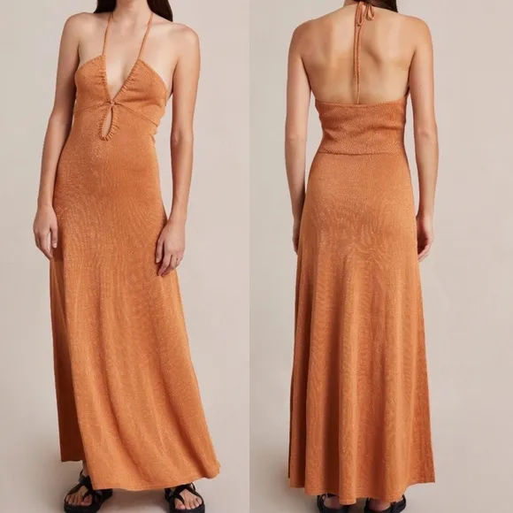 Bec &amp;‎ Bridge Indya Knit Maxi Dress Orange Halter Neck Metallic Size 10