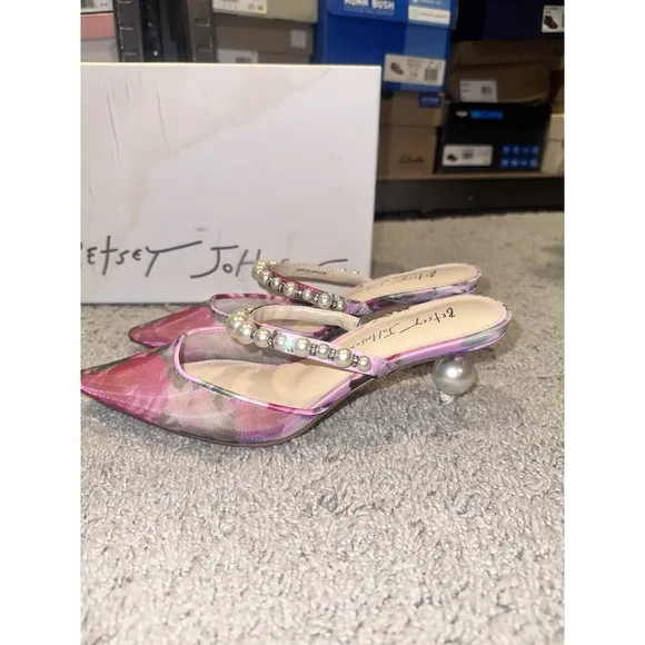 Betsey Johnson Evey Pearl Floral Print Dress Mules Sandals Heels Women's 6.5 M