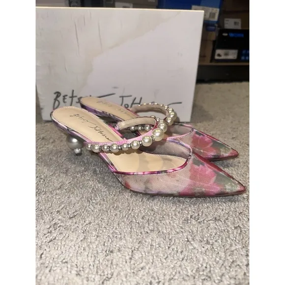 Betsey Johnson Evey Pearl Floral Print Dress Mules Sandals Heels Women's 6.5 M