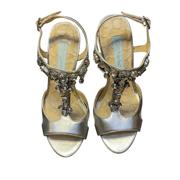 Betsey Johnson - Luke Sz. 6.5M Silver Jeweled T-Strap 4-inch heel. PROM