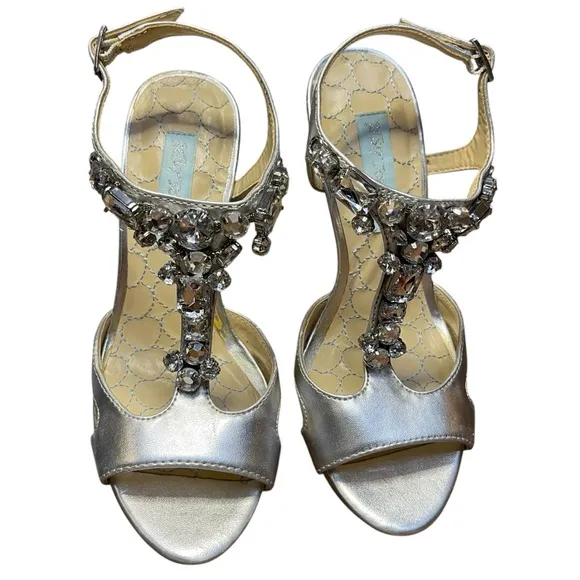 Betsey Johnson - Luke Sz. 6.5M Silver Jeweled T-Strap 4-inch heel. PROM