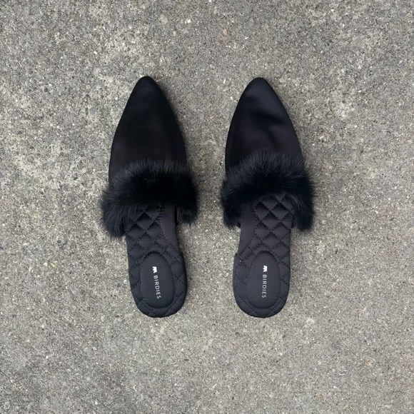 Birdies Black Mink Fur-Trimmed Women's Mules