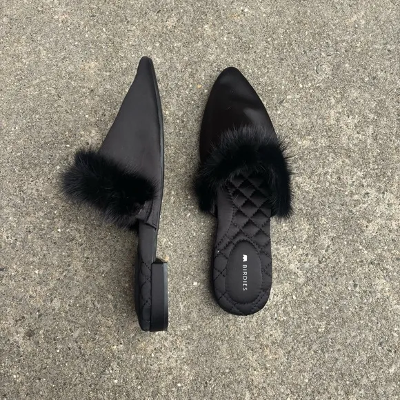 Birdies Black Mink Fur-Trimmed Women's Mules
