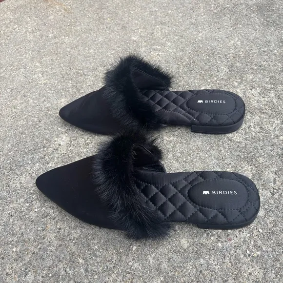 Birdies Black Mink Fur-Trimmed Women's Mules