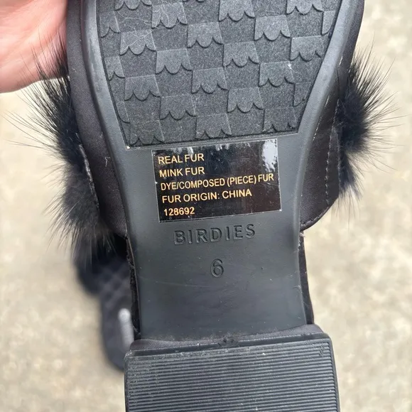 Birdies Black Mink Fur-Trimmed Women's Mules