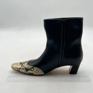 Black Cap Toe Ankle Booties Square Toe Kitten Heel Snakeskin Patchwork Back Zip