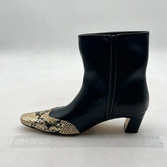 Black Cap Toe Ankle Booties Square Toe Kitten Heel Snakeskin Patchwork Back Zip