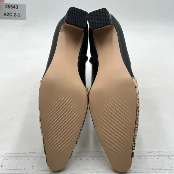 Black Cap Toe Ankle Booties Square Toe Kitten Heel Snakeskin Patchwork Back Zip