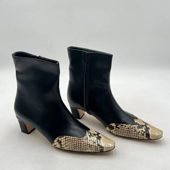 Black Cap Toe Ankle Booties Square Toe Kitten Heel Snakeskin Patchwork Back Zip