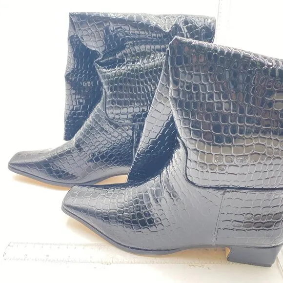 Black Crocodile Square Toe Knee High Boot Wide Calf Low Chunky Heels Long Boot