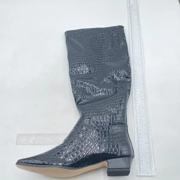 Black Crocodile Square Toe Knee High Boot Wide Calf Low Chunky Heels Long Boot