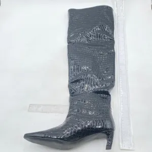 Black Crocodile Texture Square Toe Kitten Heel Pull On Knee High Boot Dress Shoe