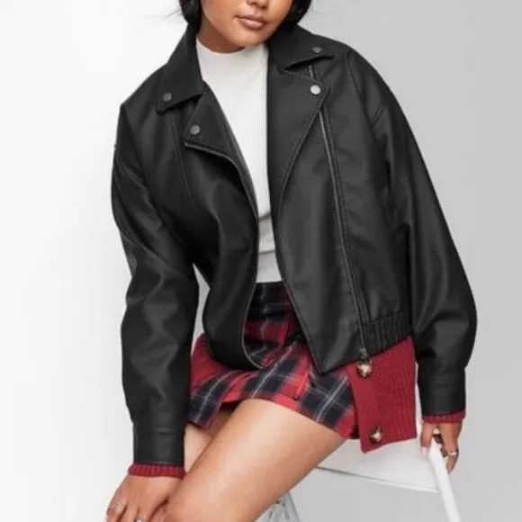 Black faux leather collared moto jacket, thick fully lined