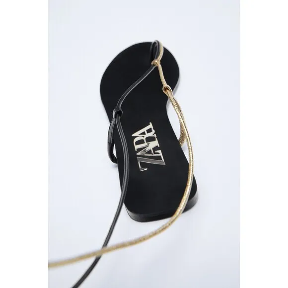 Black Gold Metallic Zara Strappy Gladiator Round Open-Toe Flat Sandals (NWT)
