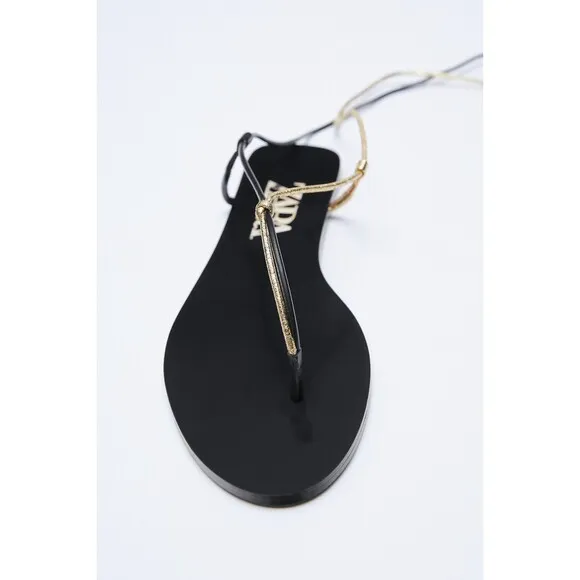 Black Gold Metallic Zara Strappy Gladiator Round Open-Toe Flat Sandals (NWT)